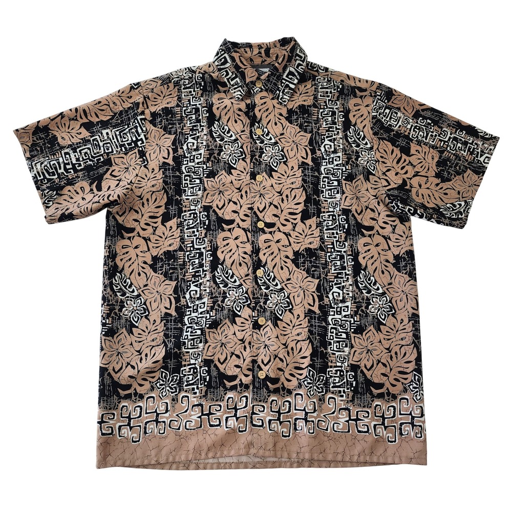 Extreme Gear Mens Small Tropical Monstera Print Button Down Shirt Tan